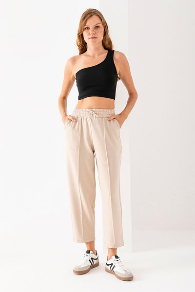 naymanlife Women's Beige Balloon Pattern Striped Modal Soft Textured Lycra Trousers with Elastic Waist