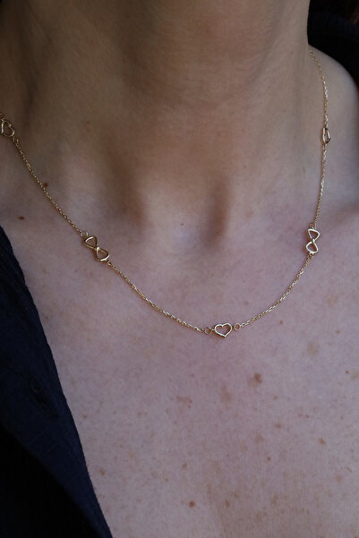 Yenigün Kuyumculuk 14 Ayar Altın Sıralı Kalp ve Kurdeleli Kolye