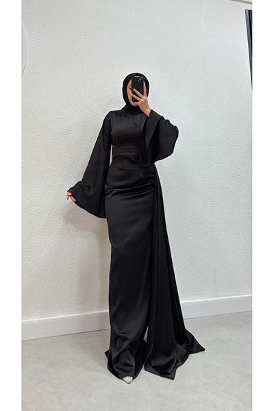 modadeywearst Σατέν Μουσουλμανικό βραδινό φόρεμα με λεπτομέρεια κρεμαστή ουρά