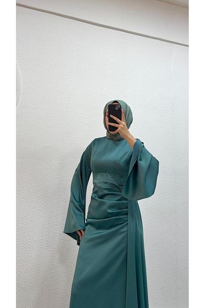 modadeywearst Drape Detailed Tailed Satin Hijab Evening Dress