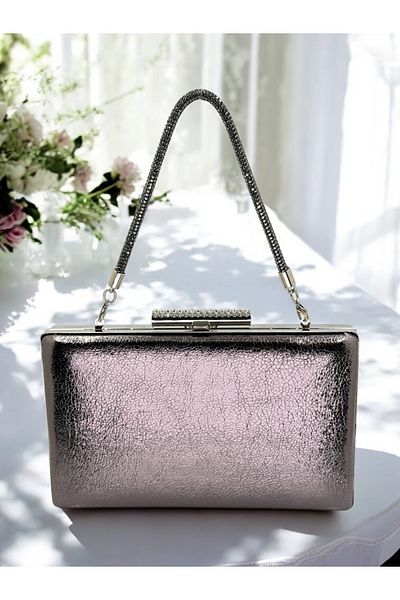 Biçanta New Model Platinum Color Shiny Patterned Chain Strap Stone Handle Women's Evening Dress Bag Wedding Engagement