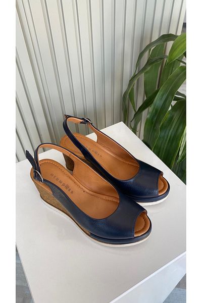 Hermones Rowena Women's Genuine Leather Wedge Heel Shoes – Open Toe Navy Blue
