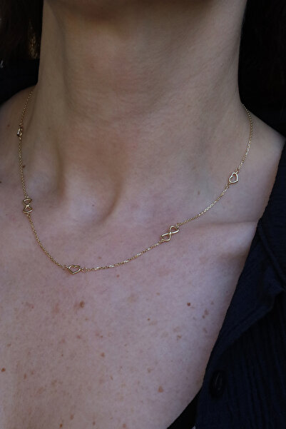 Yenigün Kuyumculuk 14 Ayar Altın Sıralı Kalp ve Kurdeleli Kolye