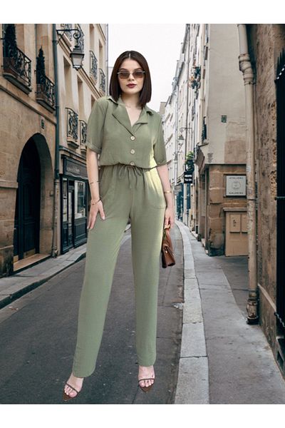 BEES JEANS Apaş Collar, Short Sleeve, Linen/Airobin Fabric, Relaxed Fit, Half Placket, Gathered Waist Jumpsuit-700-2622