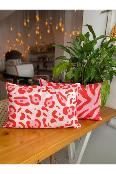 RahanDesign Leopar - Zebra Çizgi Desenli Pembe - Kırmızı Süet Çift Taraflı Dikdörtgen 2li Kırlent Kılıfı Seti