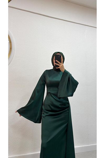 modadeywearst Σατέν Μουσουλμανικό βραδινό φόρεμα με λεπτομέρεια κρεμαστή ουρά