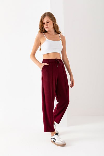 naymanlife Women's Burgundy Balloon Pattern Striped Modal Soft Textured Lycra Trousers with Elastic Waist