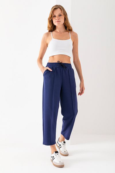 naymanlife Women's Navy Blue Balloon Pattern Striped Modal Soft Textured Lycra Trousers with Elastic Waist
