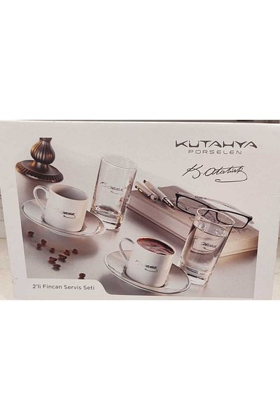 ORTAKÖY CENNETİ Ataturk Signature 2-Person 6-Piece Turkish Coffee Set Stylish Design Original Boxed 2 Fin. 2 Plates. 2 Bars.