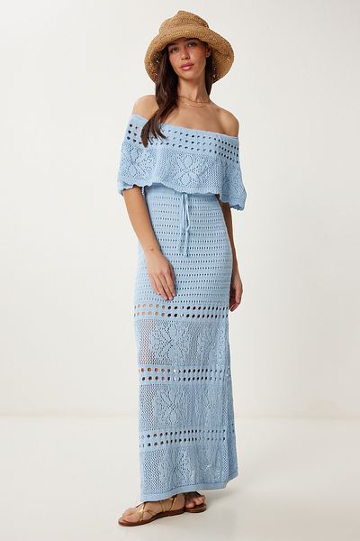 Lovelyİstanbul Καλοκαιρινό πλεκτό φόρεμα Carmen Collar Openwork SKY BLUE LKİ0031