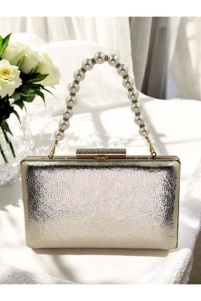 Biçanta New Model Gold Color Shiny Patterned Chain Strap Pearl Handle Women's Evening Dress Bag Wedding Engagement