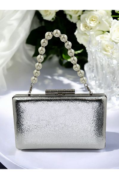 Biçanta New Model Silver Color Shiny Patterned Chain Strap Pearl Handle Women's Evening Dress Bag Wedding Engagement