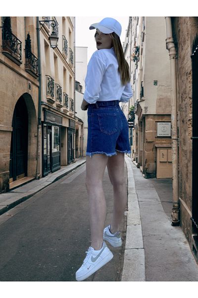 BEES JEANS Pantaloni scurți albaștri din denim casual cu talie înaltă