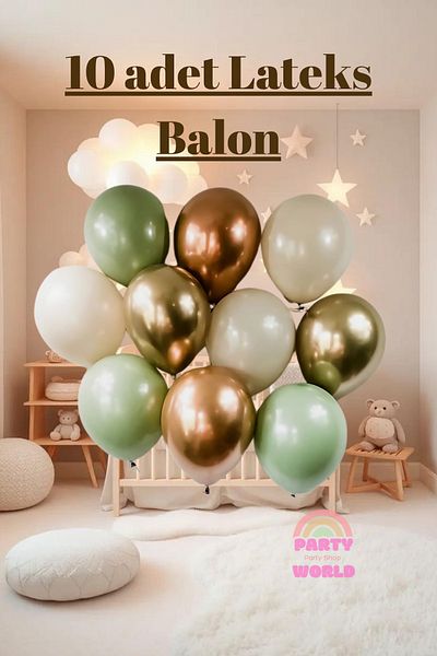 party world Brown Teddy Bear Foil Balloon with Bow Tie & Set of 10 Eucalyptus Shades Balloons – Natural and Stylish Party Ornament