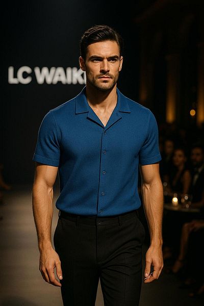 LC Waikiki Cămașă de vară pentru bărbați, 100% bumbac, cu design special, fără călcat, țesătură texturată, cu mânecă scurtă