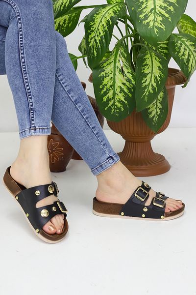 Modaarmada Black Double Buckle Very Comfortable Women's Slippers Daily and Beach