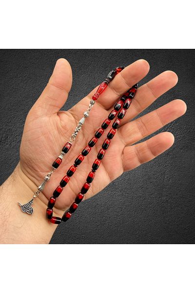 Kt Ottoman Tugra 7X11 mm Red Black Coated Silver Tassel Sword Powder Caramel Rosary