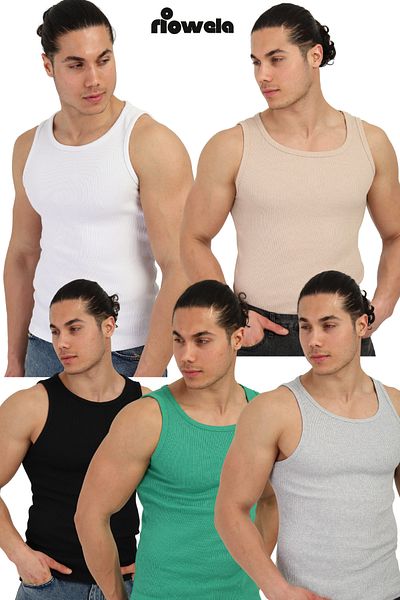 Riowela Men's Ribbed Undershirt - Cotton Stretchy Sports Cut 5 Pack