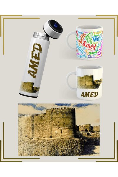 ZERYA Amed Diyarbakir Designed Poster Mug and Thermos Set (2 Mugs 1 Thermos 1 Poster)