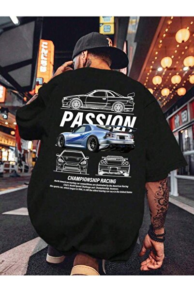 ELNOYA تي شيرت أسود كبير الحجم للجنسين مطبوع عليه "PASSION" تي شيرت كاجوال مريح