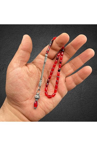 Kt 1000 Sterling Silver Kazaz Tassel Marble Fire Amber Rosary L