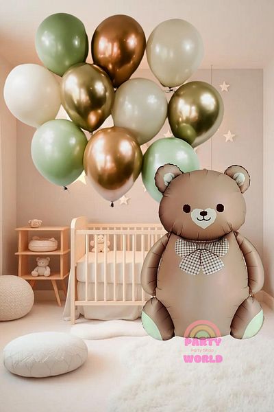 party world Brown Teddy Bear Foil Balloon with Bow Tie & Set of 10 Eucalyptus Shades Balloons – Natural and Stylish Party Ornament