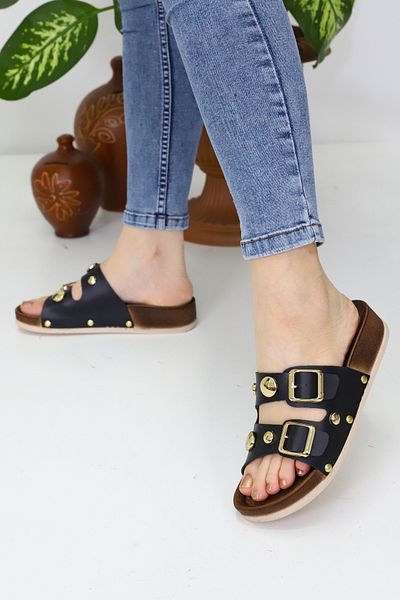 Modaarmada Black Double Buckle Very Comfortable Women's Slippers Daily and Beach