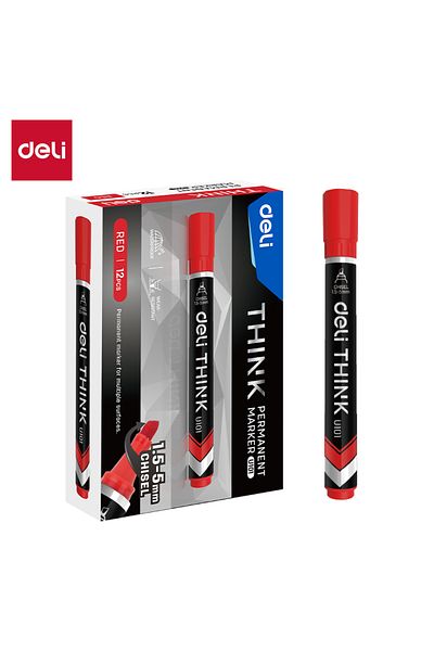 Deli قلم تحديد دائم EU10140، بطرف مشطوف، 1.5-5 مم، أحمر، 12 قطعة/علبة - للاستخدام المكتبي والصناعي