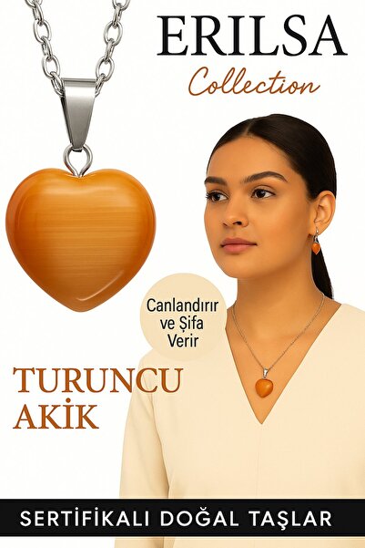 Erilsa Sertifikalı Kalp Model Turuncu Akik Taşı Kolye – Canlılık, Kararlılık ve Günlük Enerji Desteği