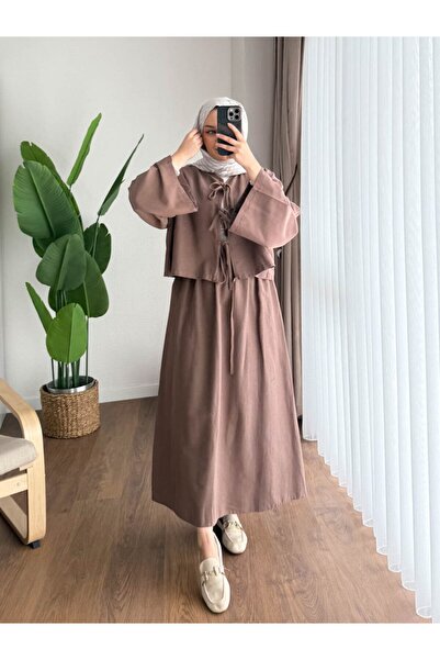 Miraydın Butik Γυναικείο Λινό Σετ Μ2535 - Καφέ Γαλακτώδες