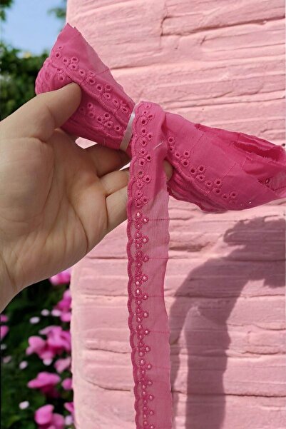 DUAYEN güpür dantel vual üzeri işleme fosfor fuşya 1 metre