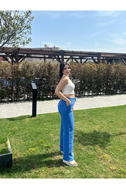 ELSEBUTİKTR Women's Muslin Waist Lace-Up Double Pocket Blue Color Summer Trousers