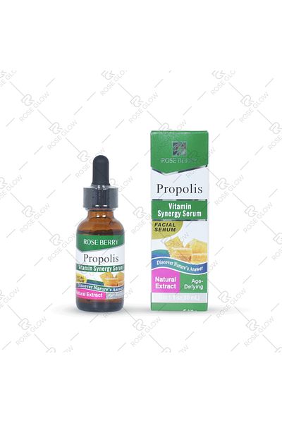 roseberry Serum with a synergistic formula of vitamins and propolis to moisturize, rejuvenate, and combat signs of aging.