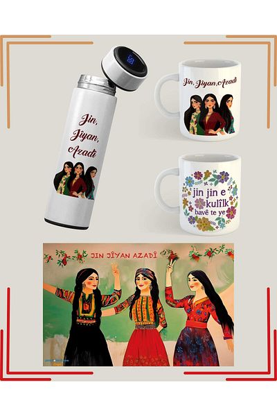 ZERYA Jin Jiyan Azadi Designed Poster Mug and Thermos Set (2 Mugs 1 Thermos 1 Poster)