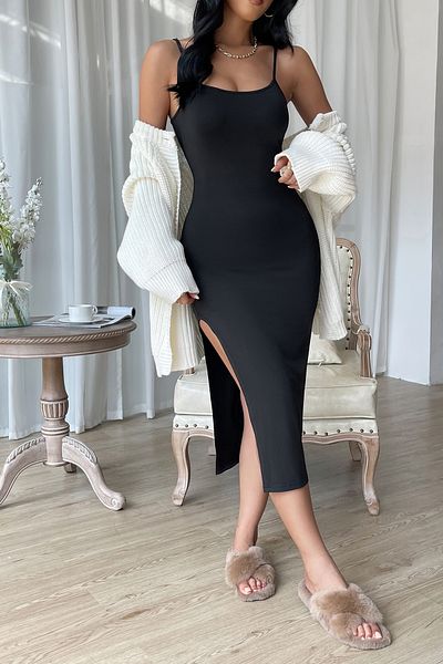 Ecenaz Women's Black Slit Knee-Length Wrap Nightgown
