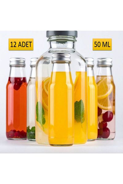 Saint Belisama Concept 12Pcs - 50ml Transparent Glass Bottle Silver Cover Lemonade Bottle Cologne Bottle, Juice Bottle, 50ml