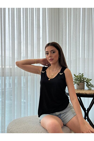 Moda Ebrar Γυναικεία μπλούζα βισκόζης με λουράκι V-λαιμόκοψη με λεπτομέρεια Bird Eye