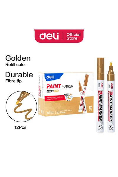 Deli EU500-GD Paint Marker, Golden, 2.0mm, 12PCS – For Metal, Glass, Plastic & Stone