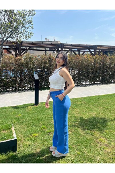 ELSEBUTİKTR Women's Muslin Waist Lace-Up Double Pocket Blue Color Summer Trousers