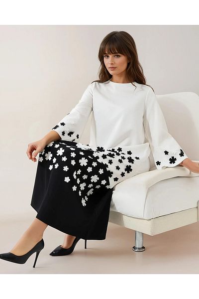 MAYELN Black and White Floral Patterned Asymmetrical Tunic Dress