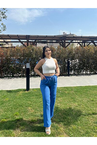 ELSEBUTİKTR Women's Muslin Waist Lace-Up Double Pocket Blue Color Summer Trousers