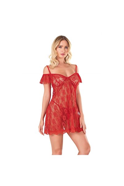 Narnuga ثوب نوم قصير من التول باللون الأحمر