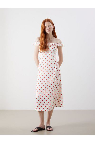 LC Waikiki Xside Strapless Neckline Polka Dot Satin Dress