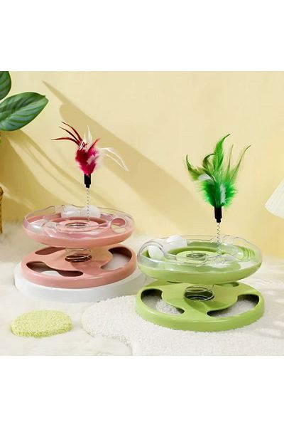 TaoTaoPets Interactive Cat Toy Spring rocking double-layer Rolling Tower，Track Ball with Feather Teaser