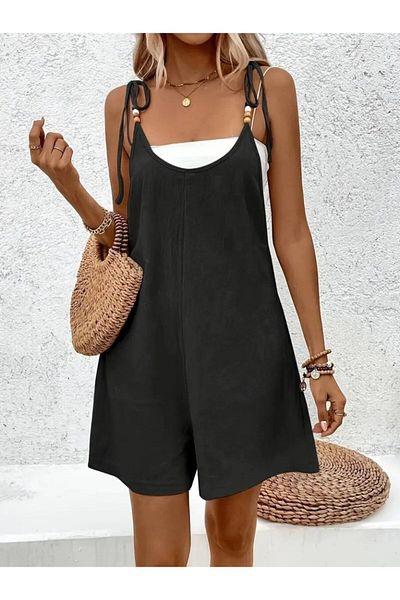 Monapera Straps Bead Detail Mini Imported Linen Jumpsuit