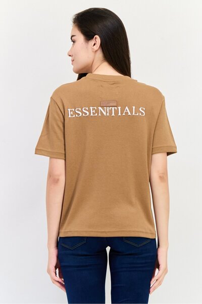 BLANK ESSENTIALS Women Round Neck Short Sleeves Brand Logo T-Shirt, Brown