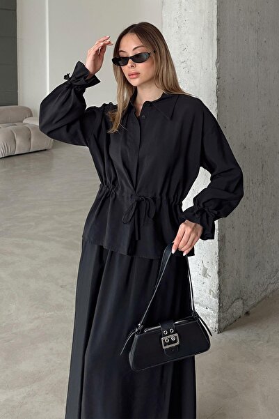 Olcay Gathered Detailed Skirt Jacket Modal Suit Black 9347-Tk