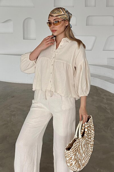 Olcay Casual Short Shirt Double Muslin Suit Beige 9355-Tk