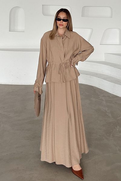 Olcay Gathered Detailed Skirt Jacket Modal Suit Kamel 9347-Tk
