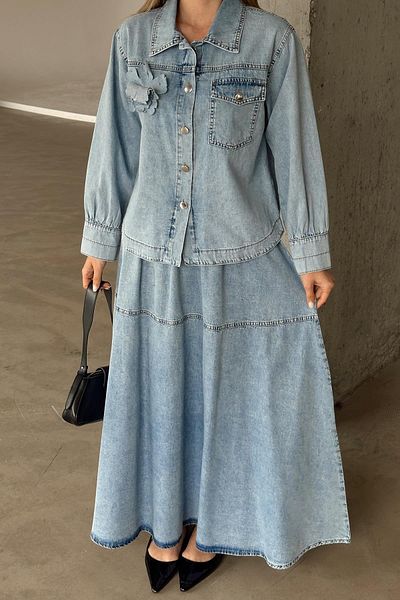 Olcay Fusta cu aplicații florale Jachetă Denim Suit BLUE 9346-TK